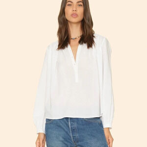XIRENA White Hennessy Top Small Long Sleeves Oversized Tunic Popover Buttons